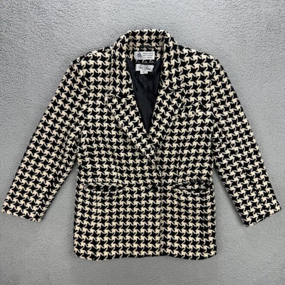 Bill Blass Blazer Women 12 Petite Black White Houndstooth Wool Sport Coat Jacket - Picture 1 of 9